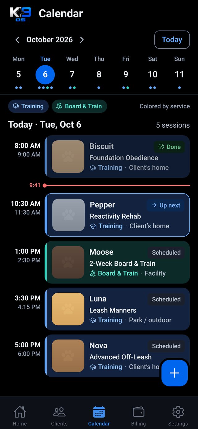 K9OPRTV OS Calendar screen: the day's sessions colored by service
