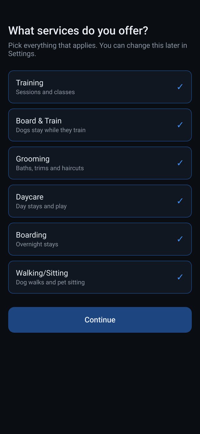 K9OPRTV OS setup screen: What services do you offer? Training, Board & Train, Grooming, Daycare, Boarding, Walking/Sitting