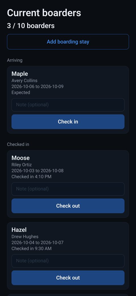 K9OPRTV OS Current boarders screen with arrivals and check-out