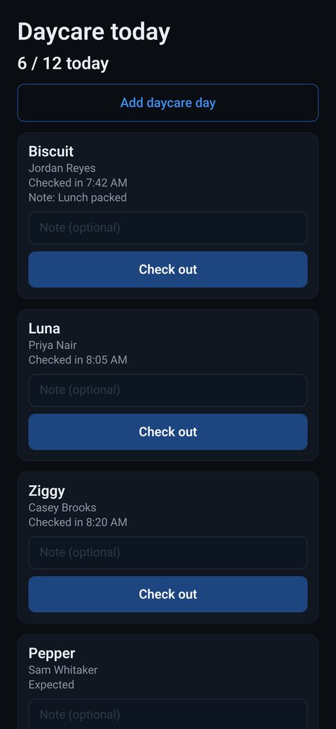 K9OPRTV OS Daycare today screen with check-in and check-out