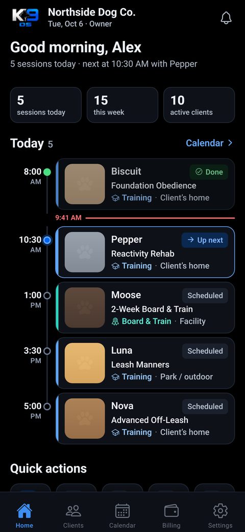K9OPRTV OS Home screen: today’s training sessions
