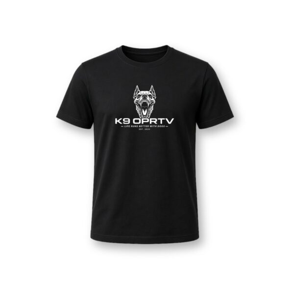 Primal Tee black t-shirt with white K9OPRTV dog head front print