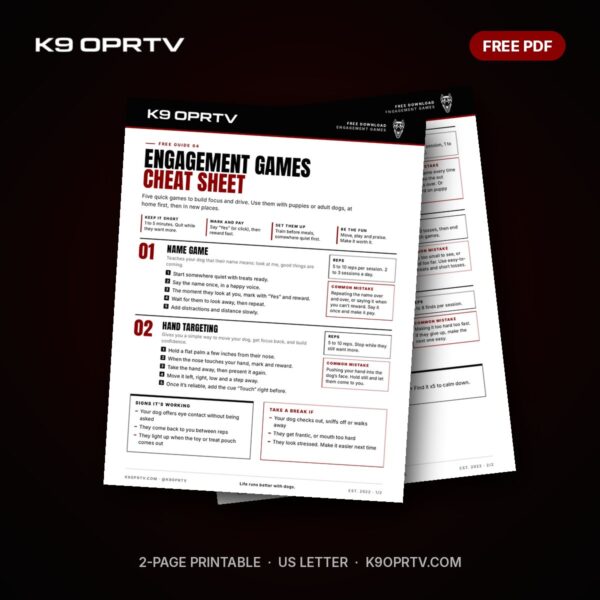 Engagement Games for Dogs Cheat Sheet: free printable PDF from K9OPRTV, page preview mockup