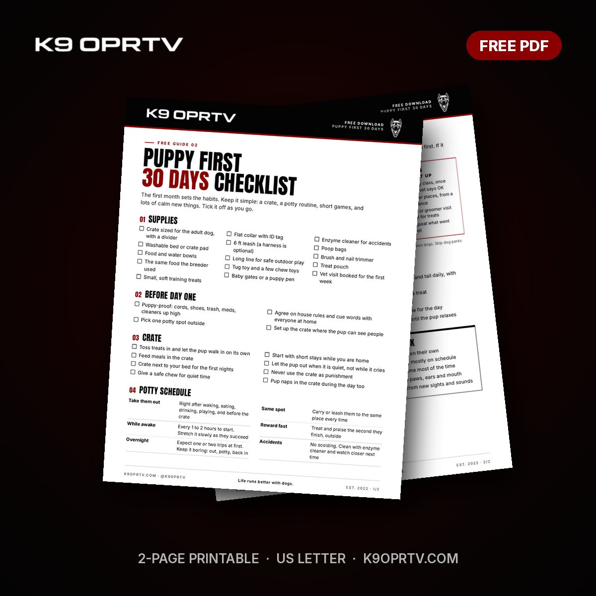 Puppy First 30 Days Checklist: free printable PDF from K9OPRTV, page preview mockup