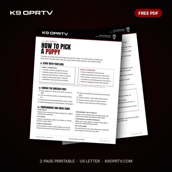 How to Pick a Puppy Checklist: free printable PDF from K9OPRTV, page preview mockup