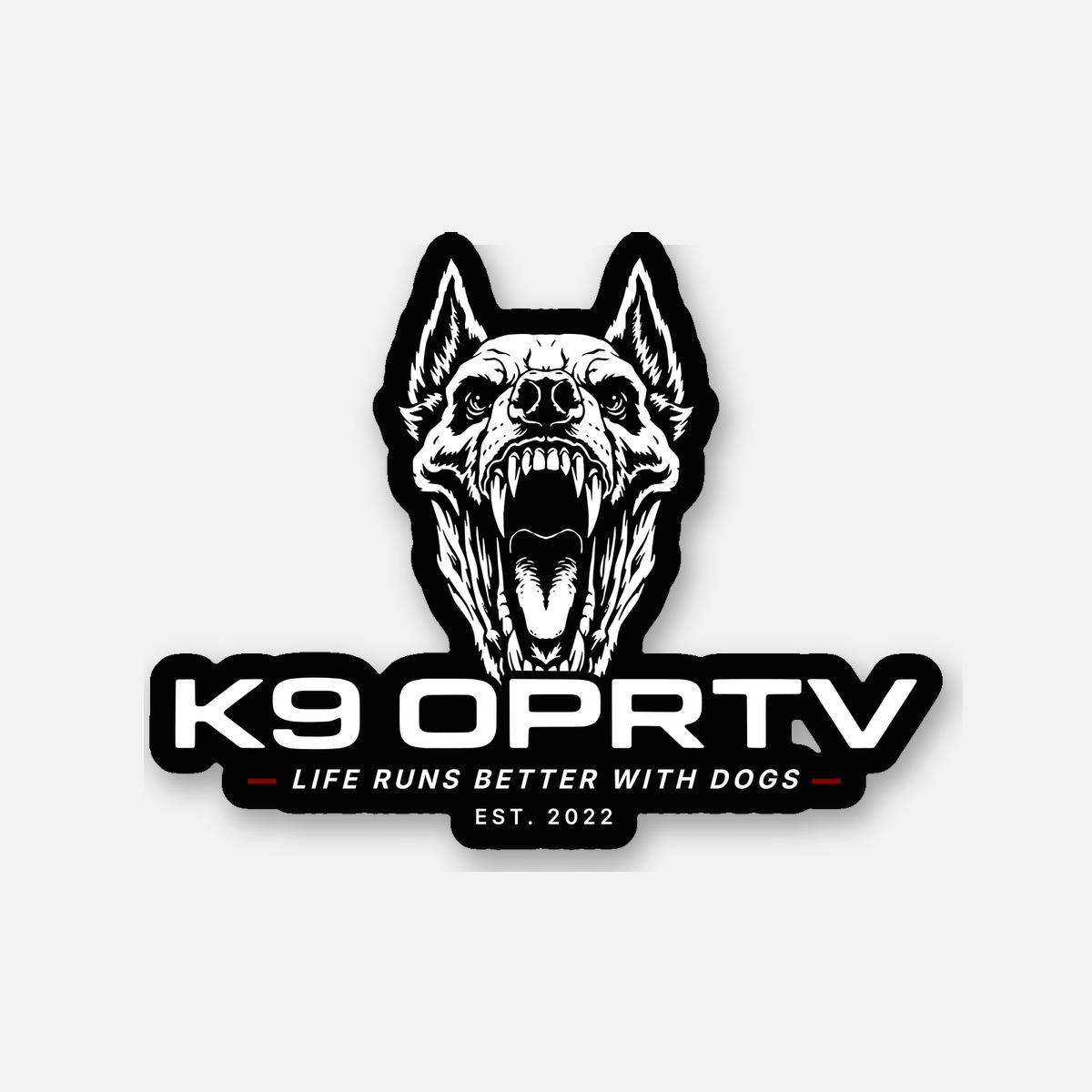 K9OPRTV Primal Sticker, die-cut dog head with K9 OPRTV wordmark