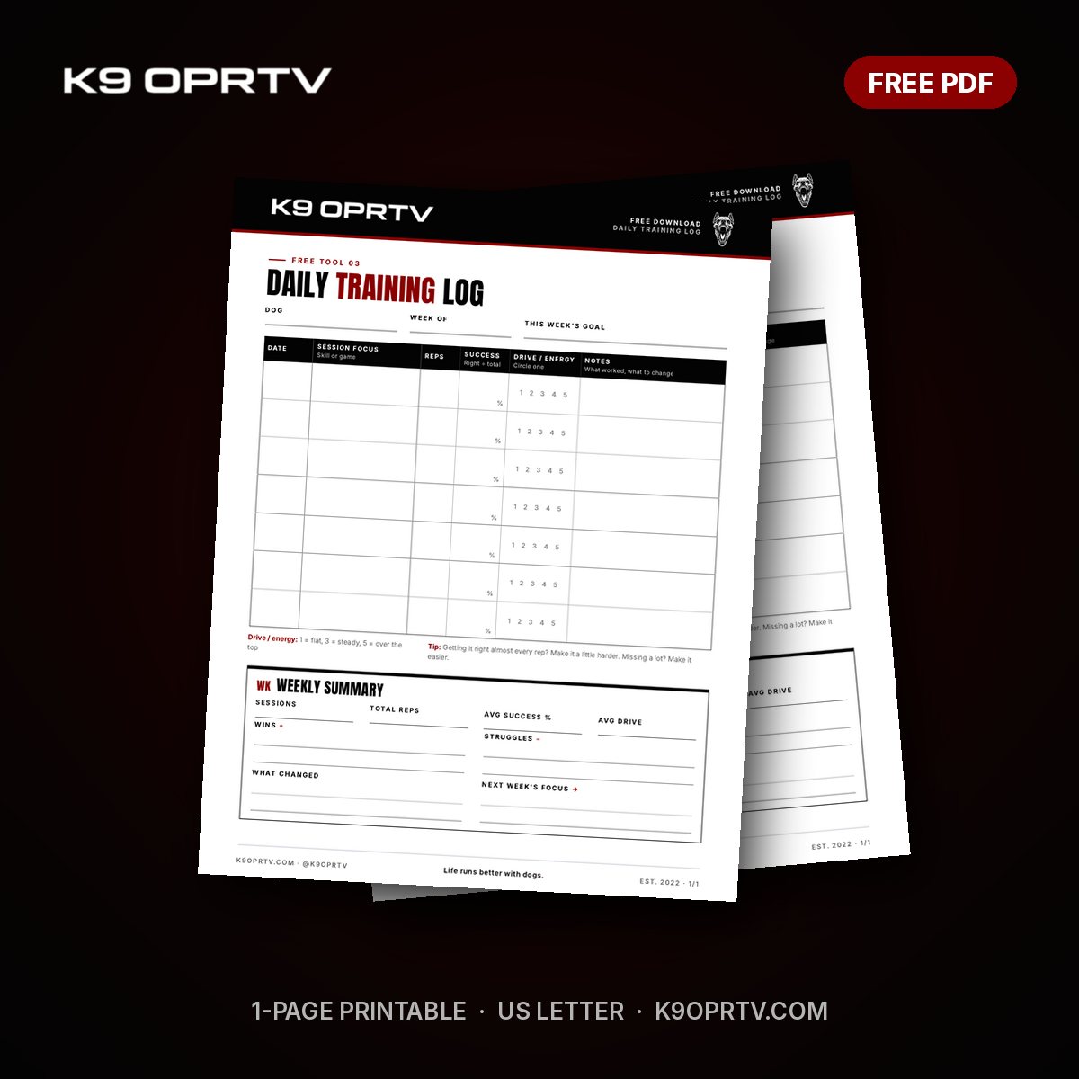 Daily Dog Training Log: free printable PDF from K9OPRTV, page preview mockup